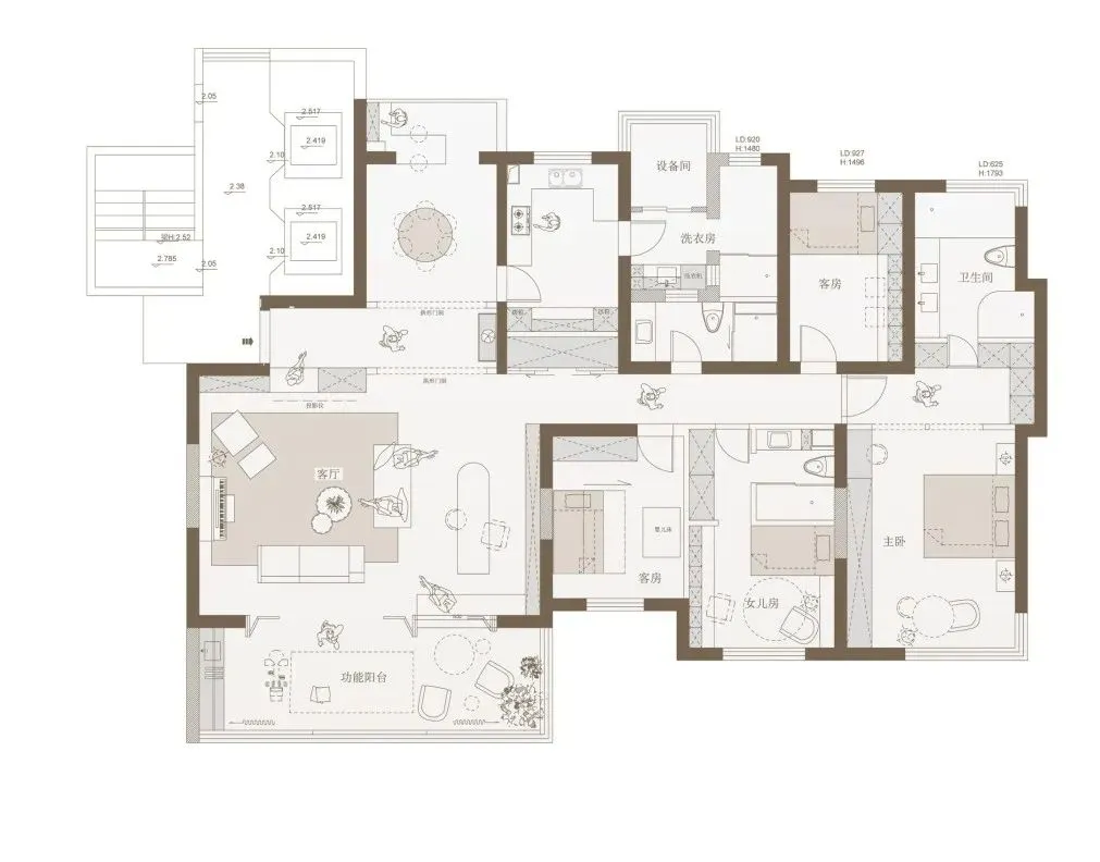 Modern home layout with neutral colors and an open-plan living area, showing a living room, kitchen, and balcony.