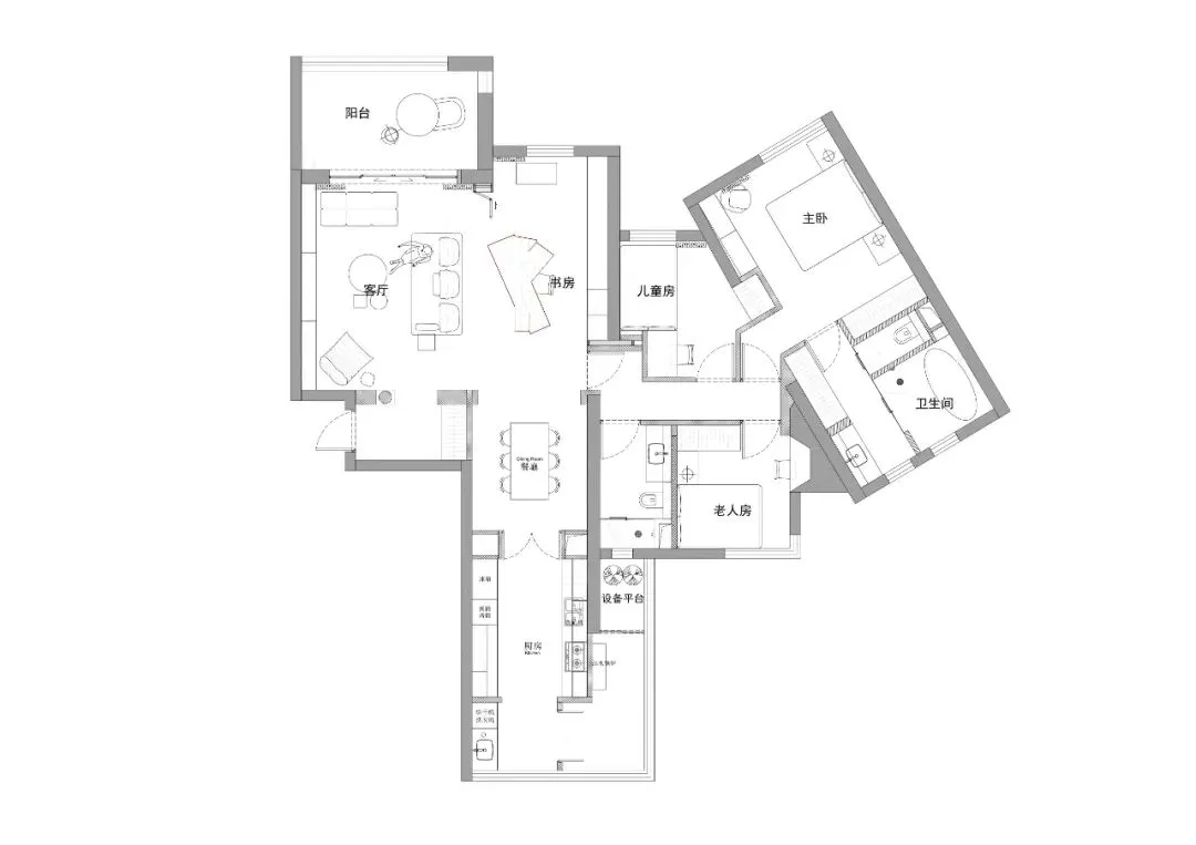 Floor plan of a house with multiple rooms, including a living room, kitchen, dining room, bathroom, and bedrooms.
