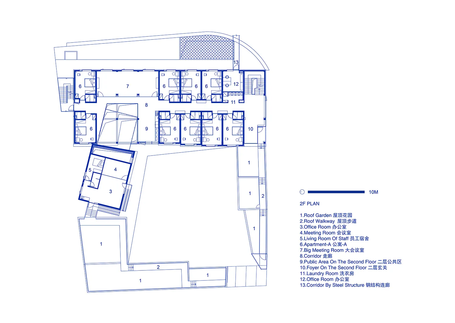 A 2D architectural floor plan of a second-story office space, showcasing an open-plan office layout with steel beams, concret