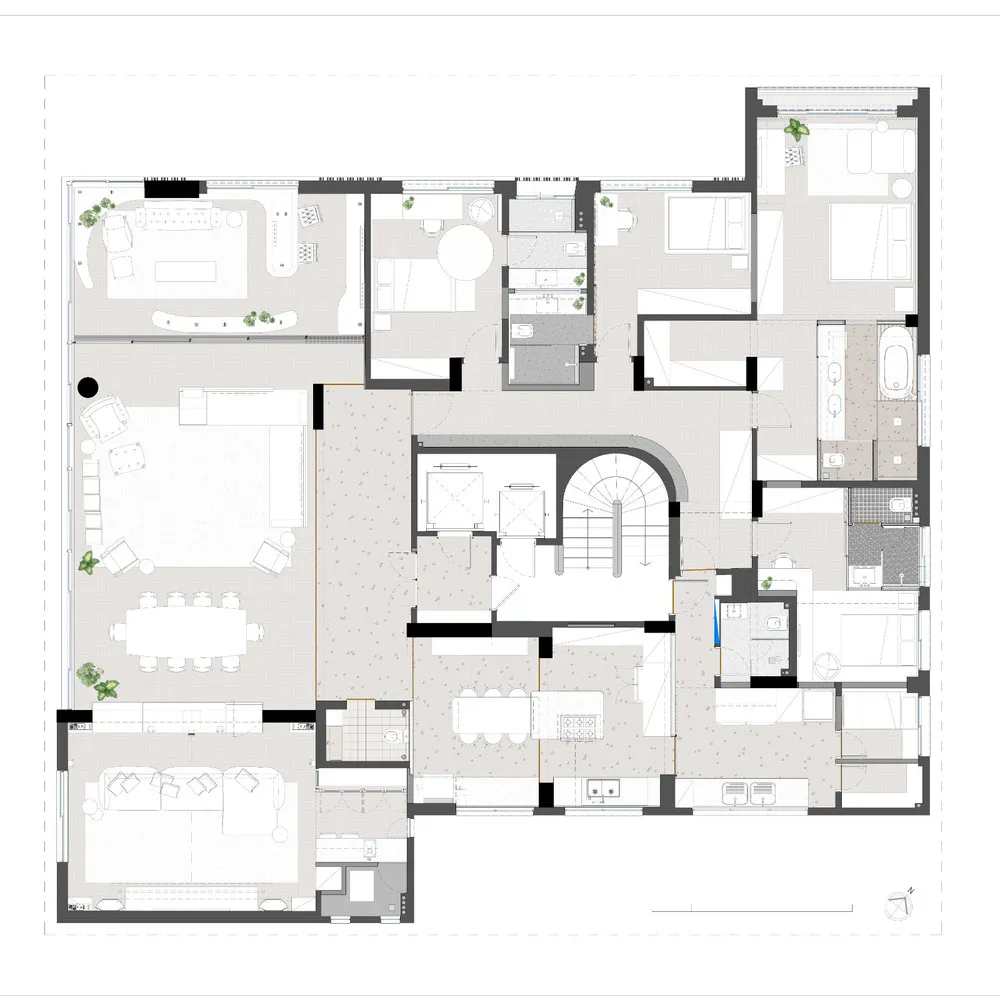 A detailed floor plan of a modern residential building, featuring open spaces and contemporary design elements.
