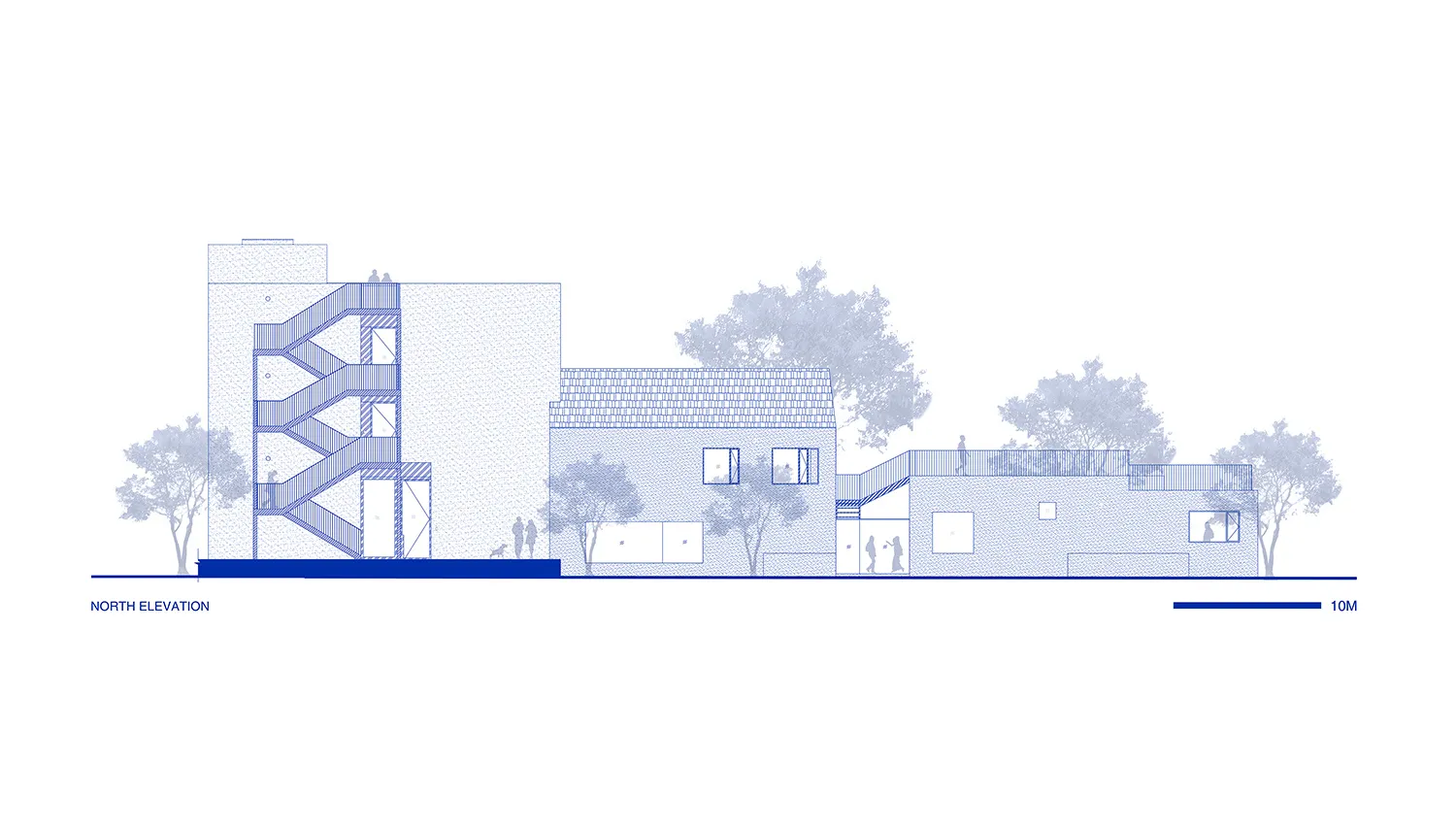 現代住宅建築立面圖，採用混搭材質設計。