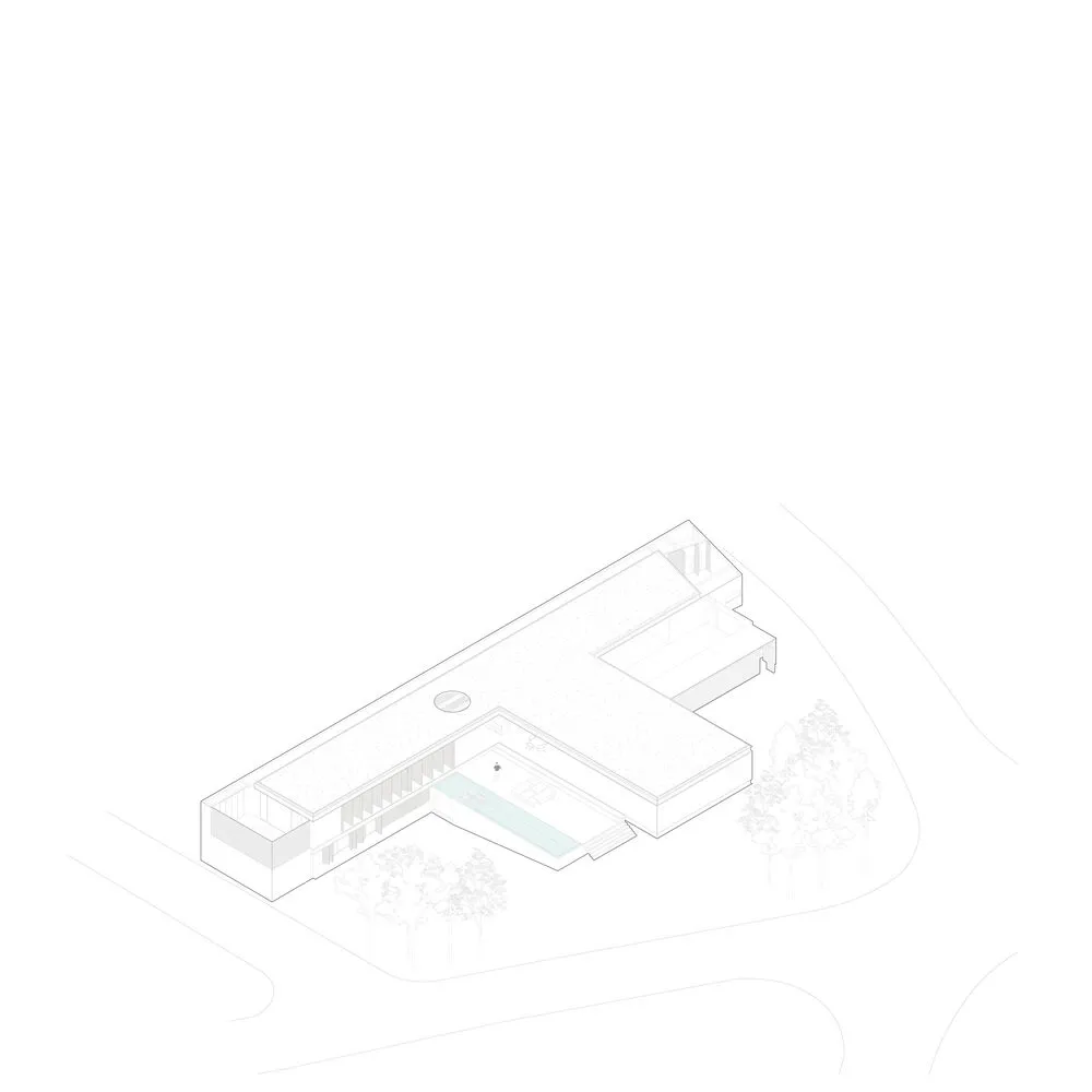 A modern house with concrete floors and a pool, rendered in 3D.