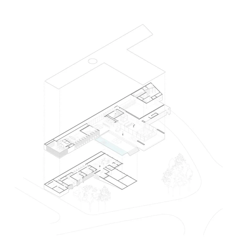 2D architectural drawing of a modern house's floor plan.