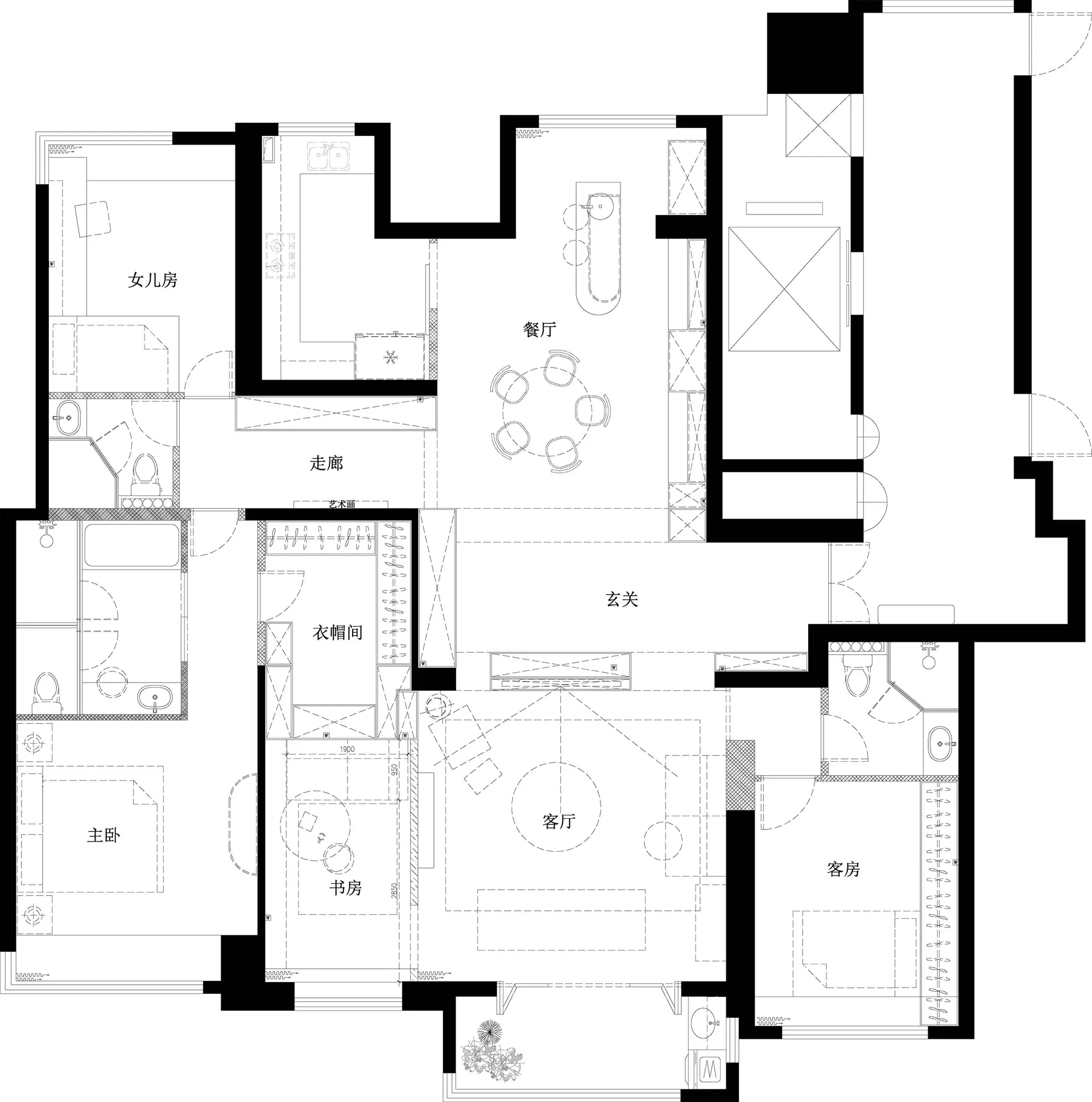 詳細的公寓家具配置圖,包含客廳、餐廳與睡眠區域,並標示精確尺寸。