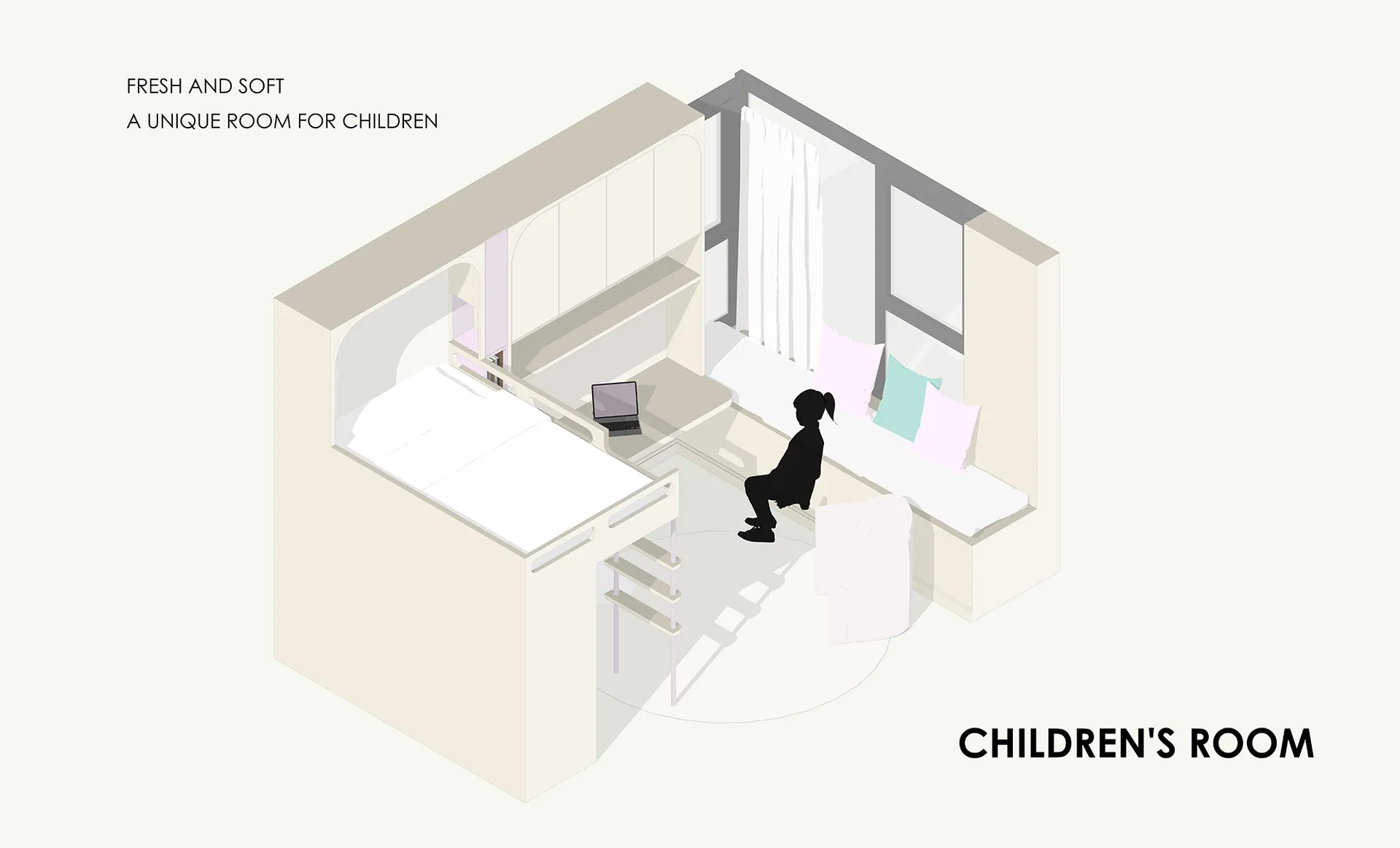 Minimalist bedroom design for children with a soft color palette and functional layout.