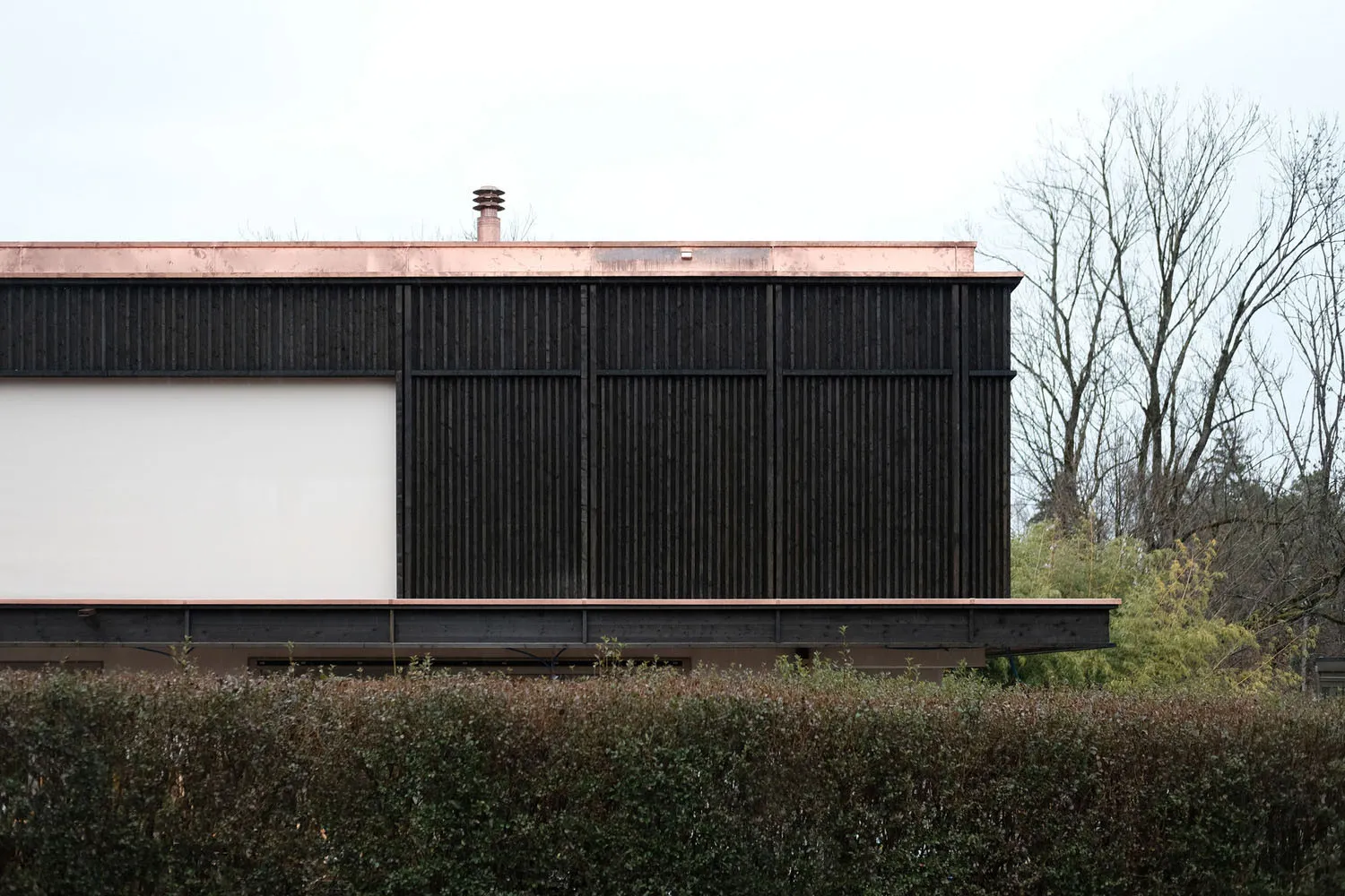Modern black wooden and concrete exterior building with a minimalist design.