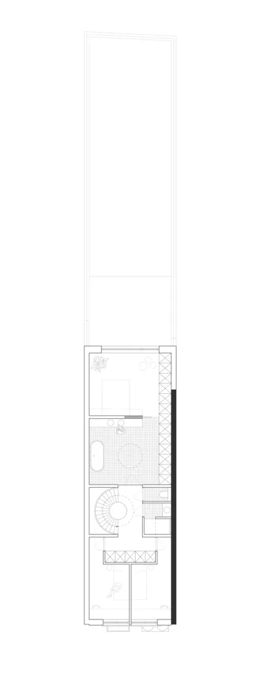 A minimalist grey kitchen floor plan with an open layout and modern design.