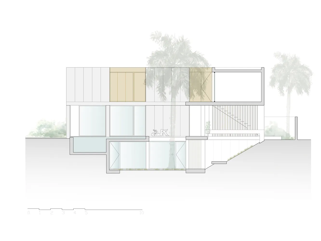 Modern house with glass walls and a metal walkway, surrounded by palm trees.