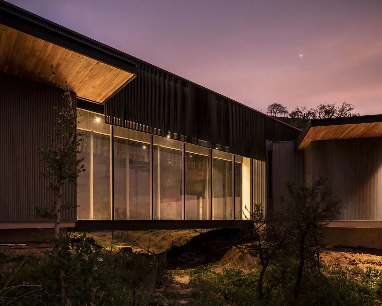 Modern house exterior with metal clad ends, glass ceilings, and wooden roofing