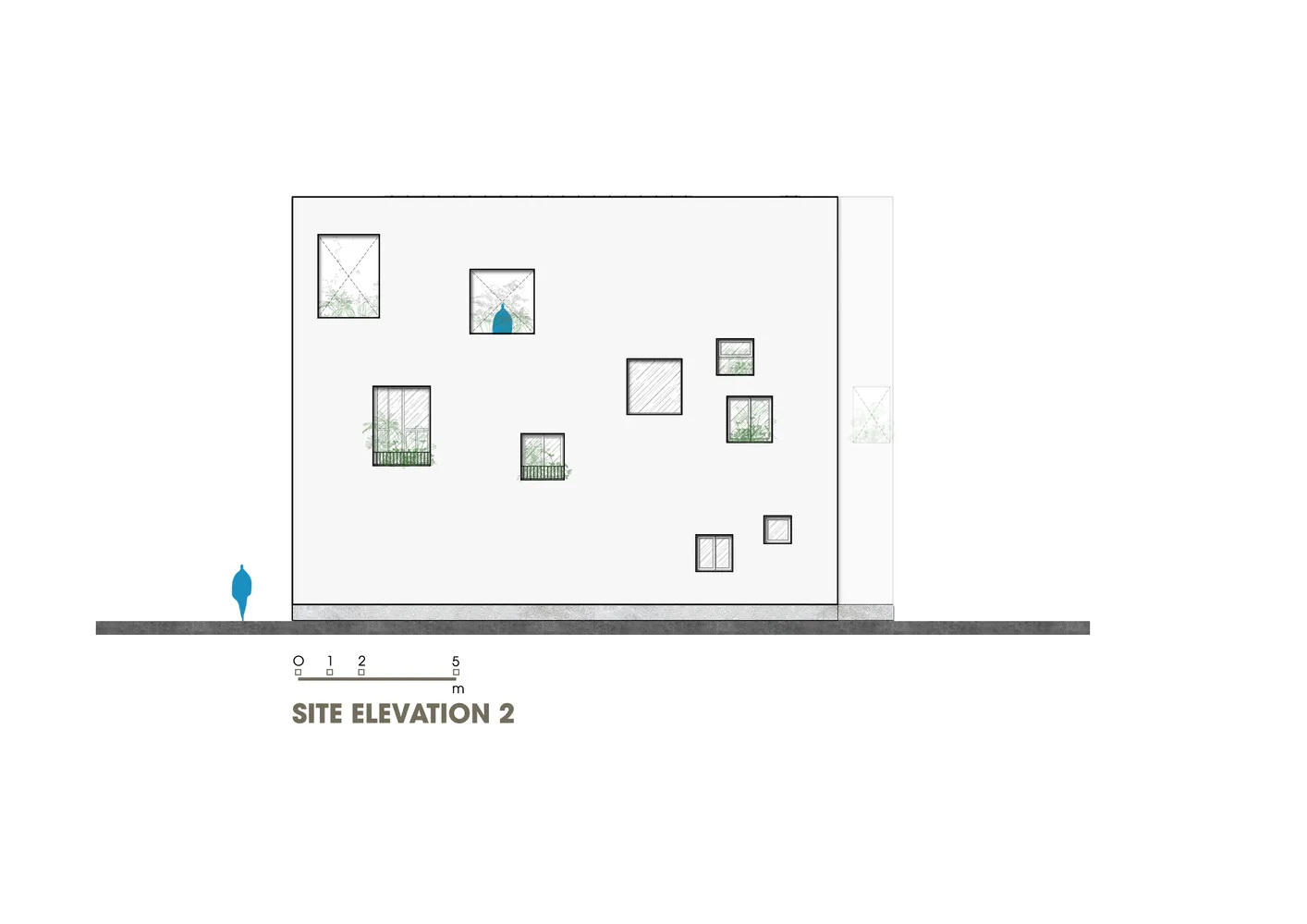 Modern architectural elevation plan showcasing glass facade elements