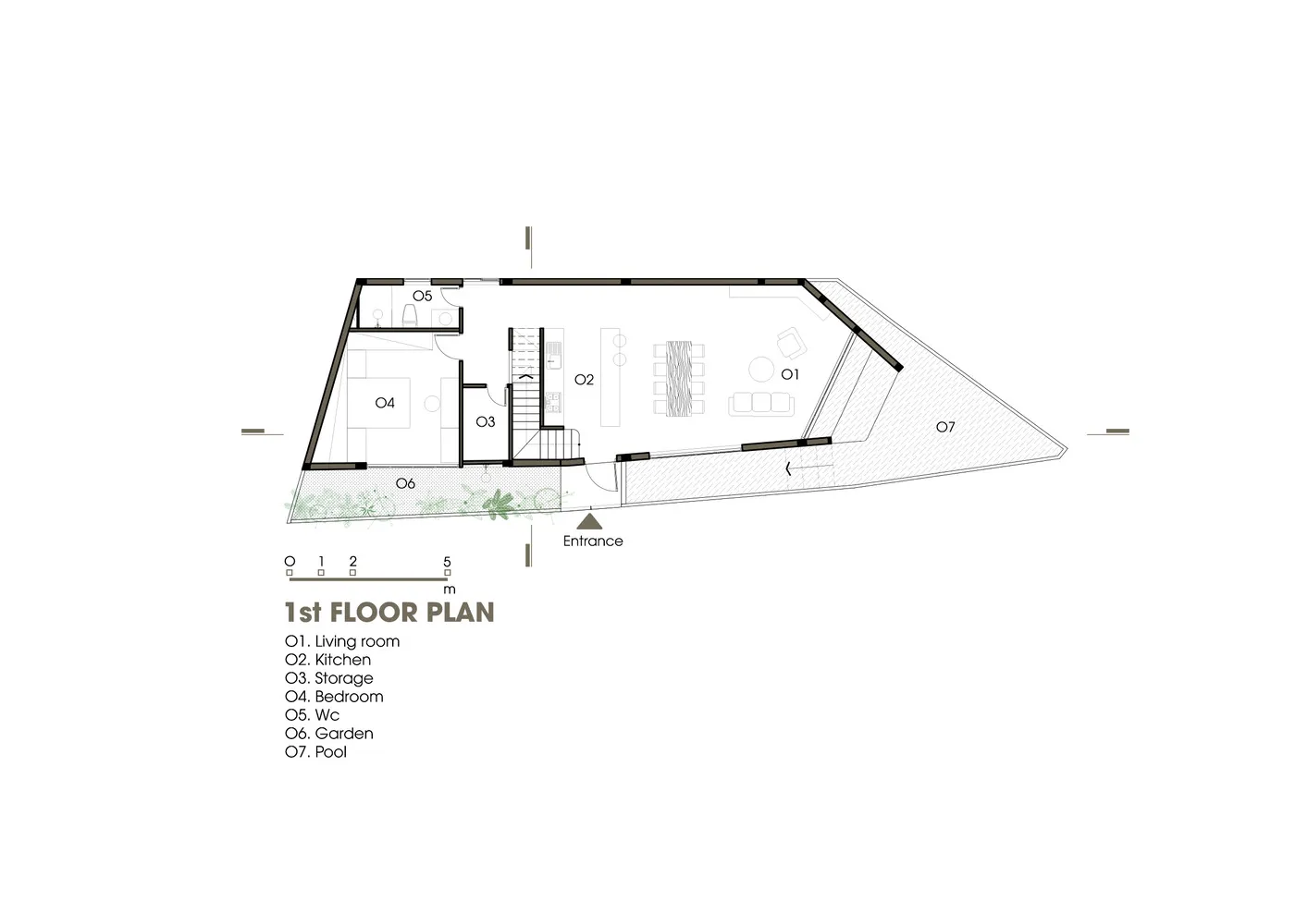 Modern house floor plan featuring a concrete foundation and various residential rooms and spaces.