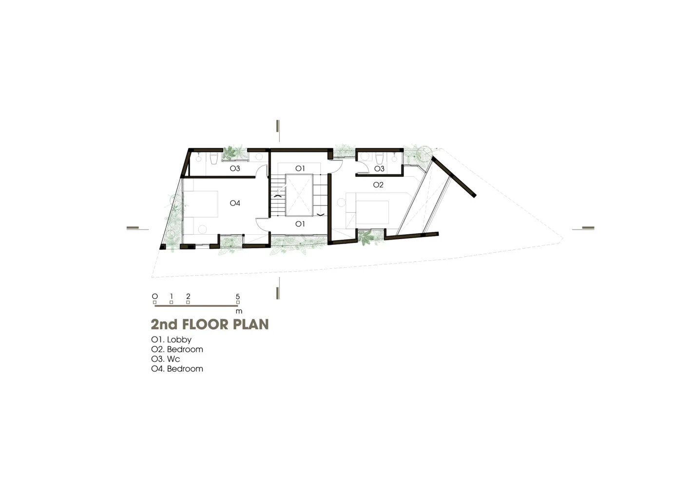 A minimalist architectural floor plan showing the layout of a second level with labeled rooms and scale.