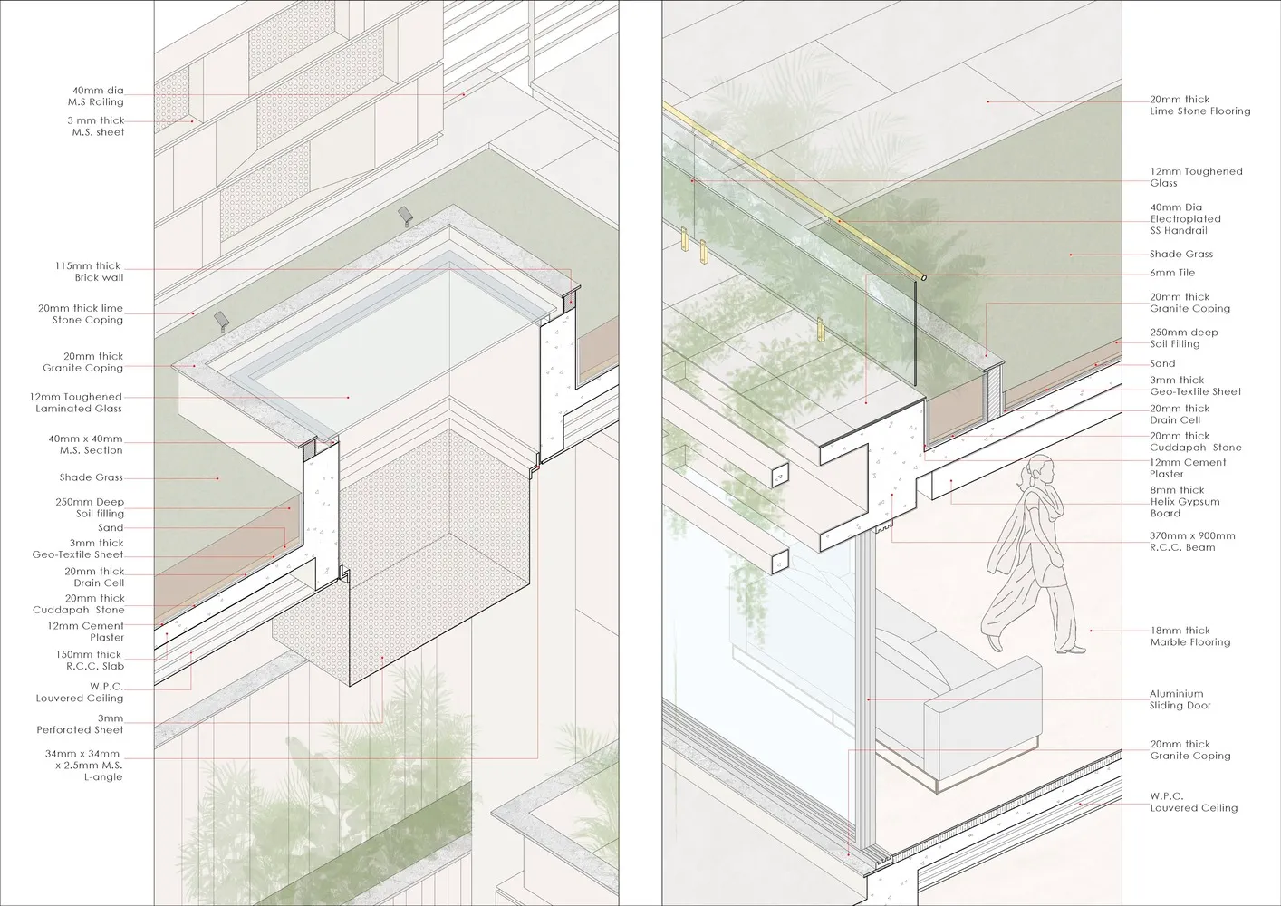 Modern balcony design featuring marble flooring and stone walls and coping.
