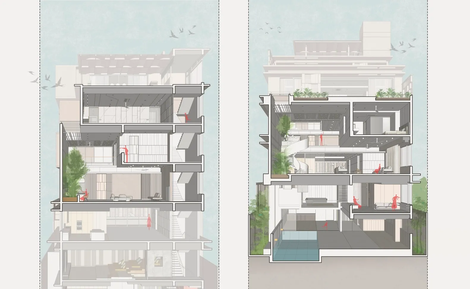 Modern sustainable apartment floor plan showcasing greenery, natural light, and open spaces.