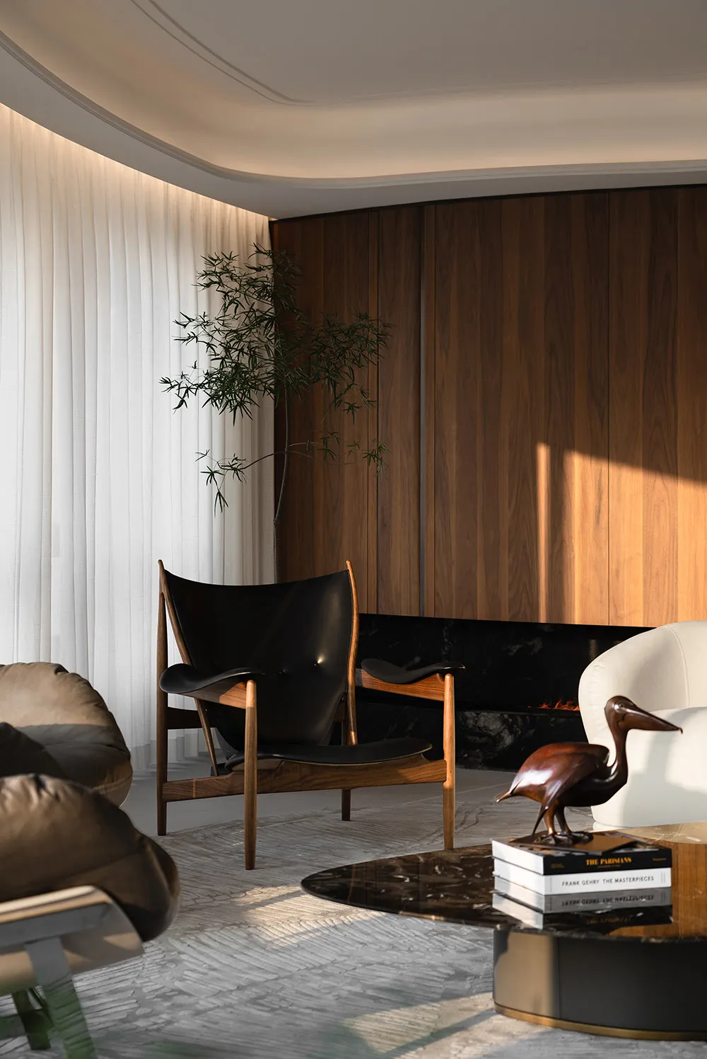 A modern living room featuring a marble coffee table, black accent chair, and wooden wall.