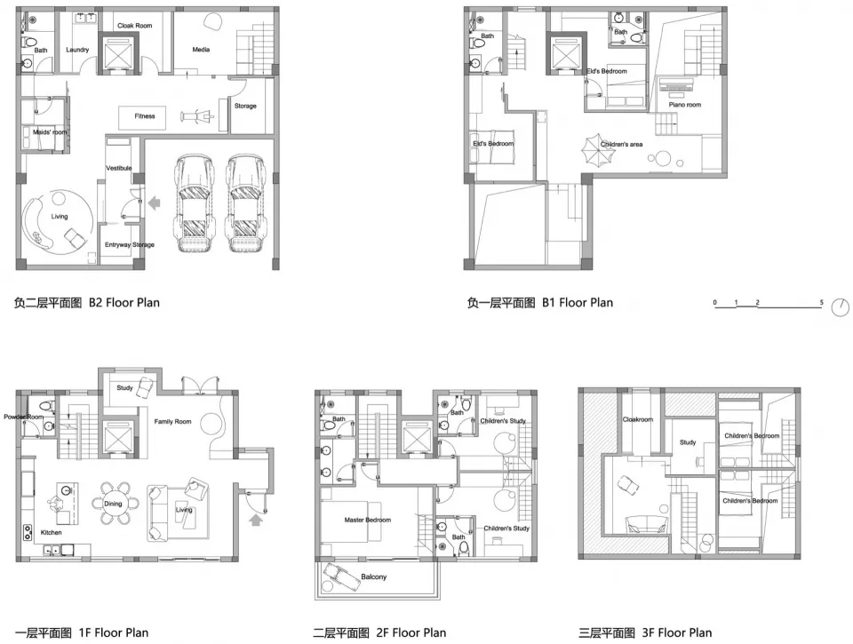 現代住宅不同樓層與房間標示的平面圖。