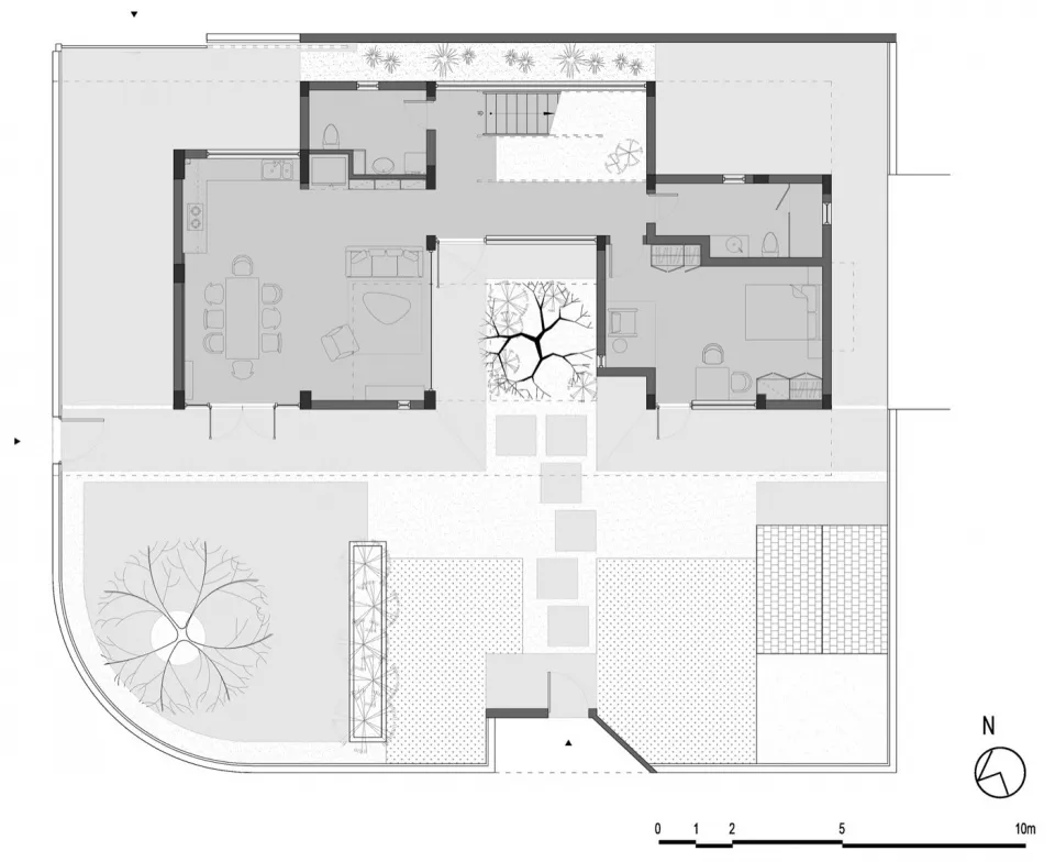 A modern ground floor residential layout featuring a concrete design
