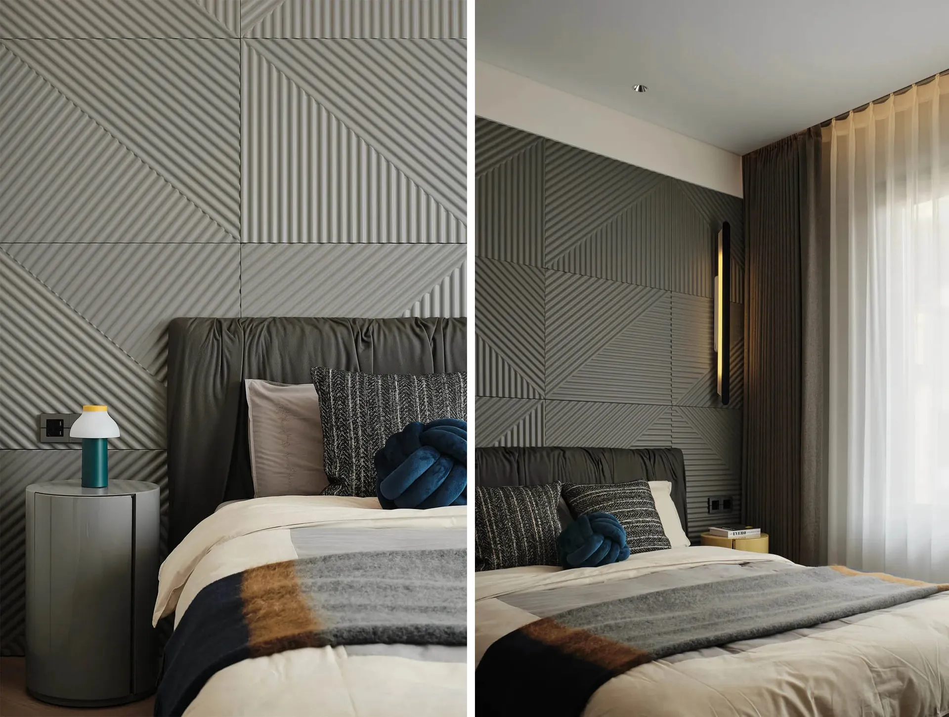 A modern bedroom featuring a textured wall with geometric patterns and a cozy bed setup.