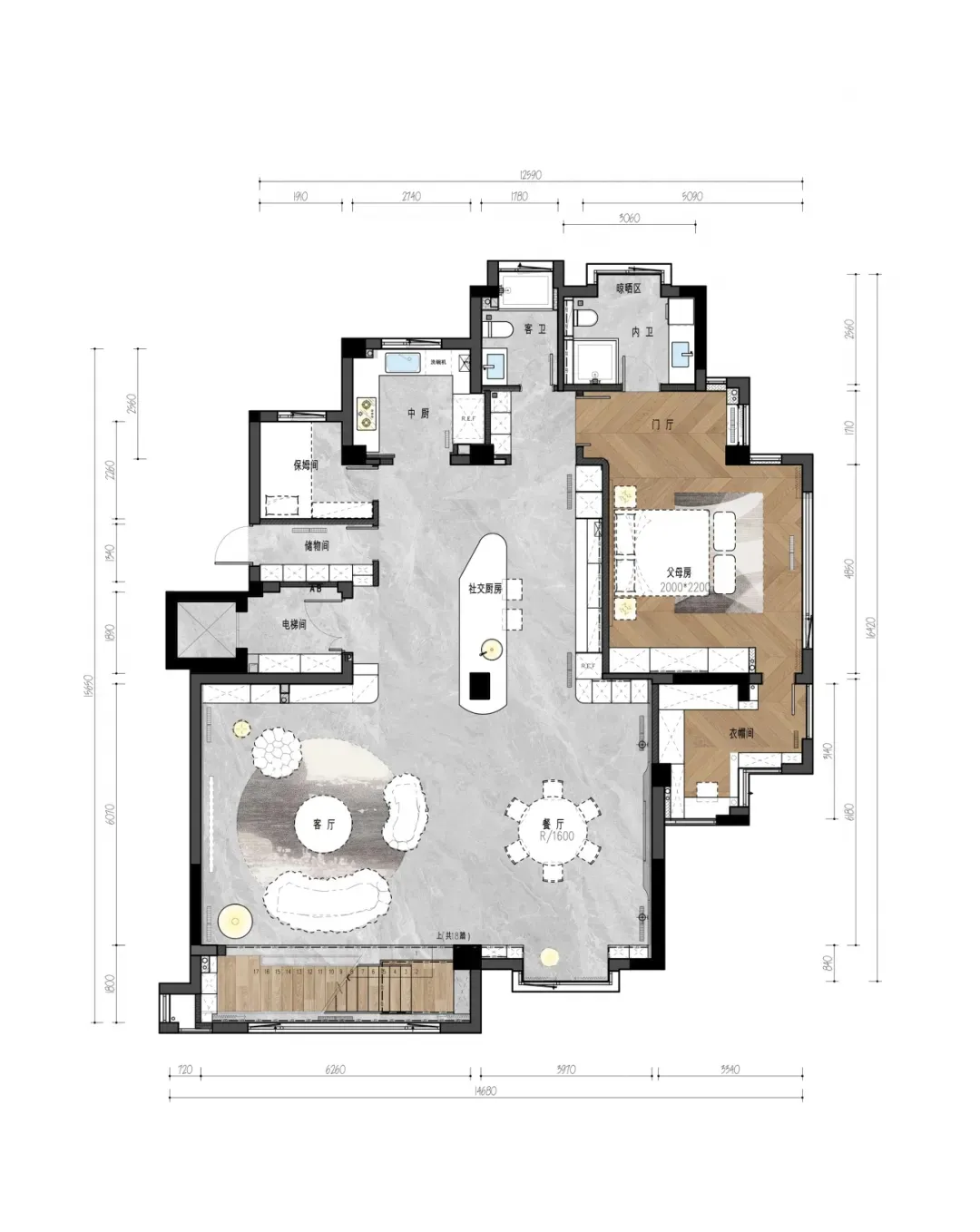 A modern apartment floor plan featuring tile and plank flooring.