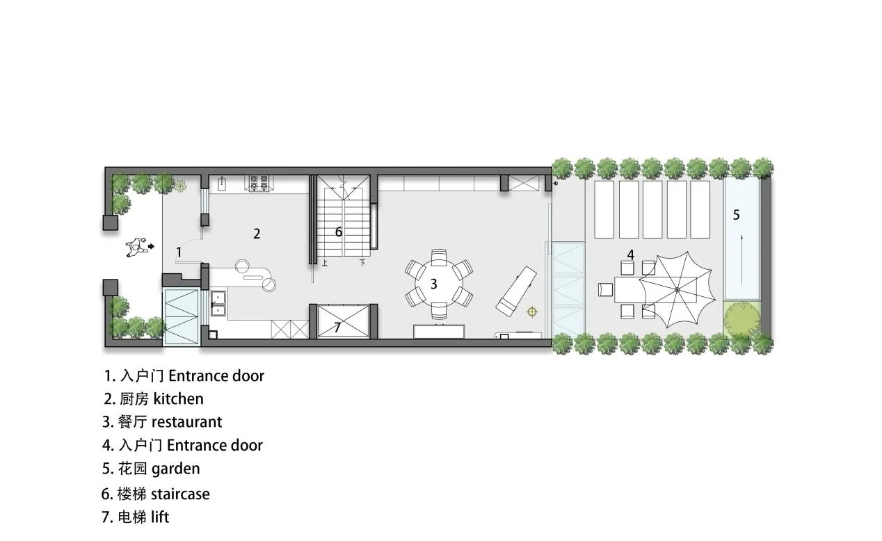 Floor plan of a modern residential building, including kitchen, dining area, and garden.