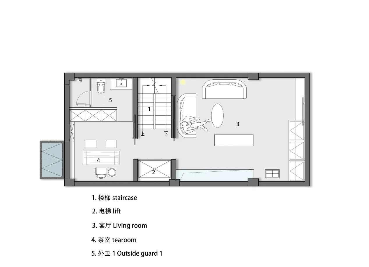 Modern residential floor plan with a staircase and various living areas.
