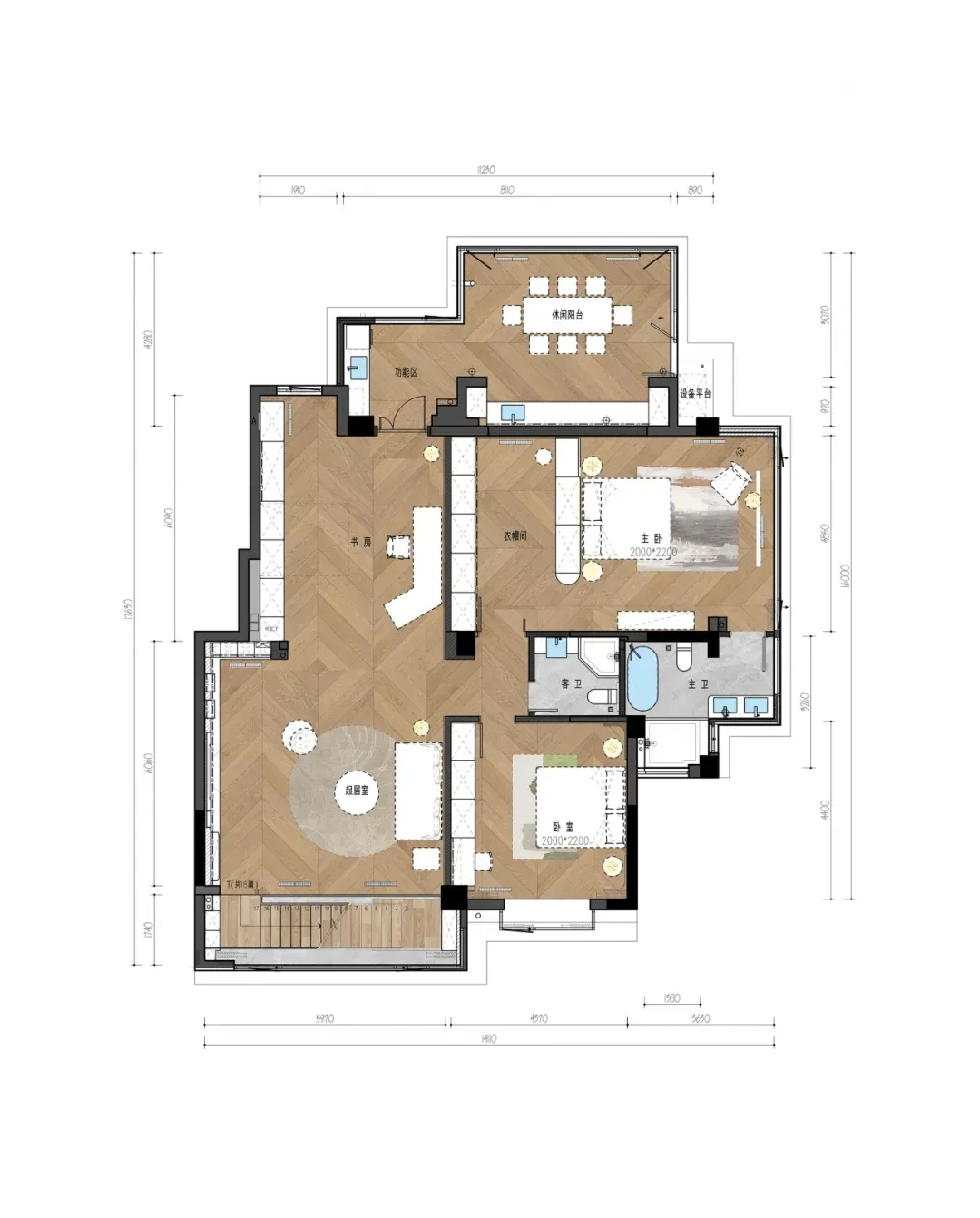 A modern apartment layout featuring wooden flooring.