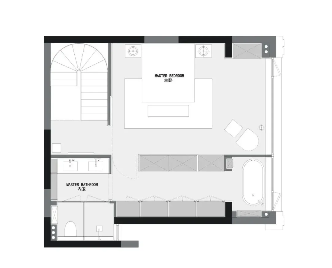 Floor plan of a modern bedroom suite featuring wood, glass, and concrete materials.