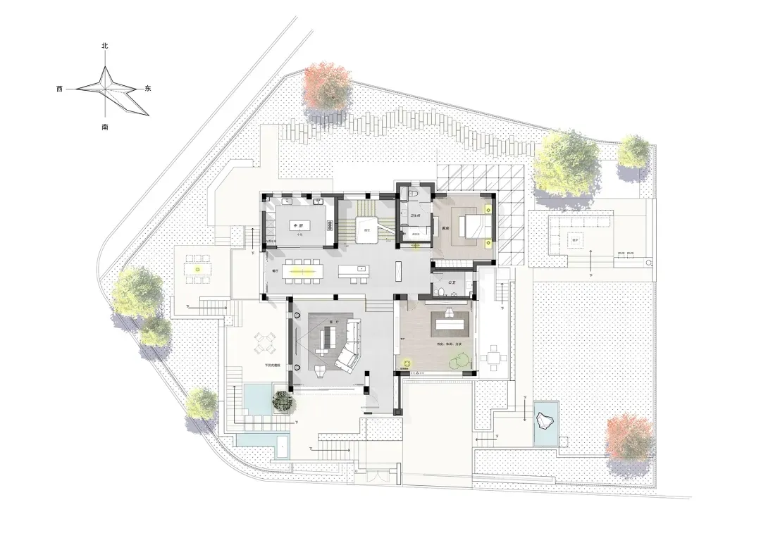 Modern residential house floor plan featuring concrete materials
