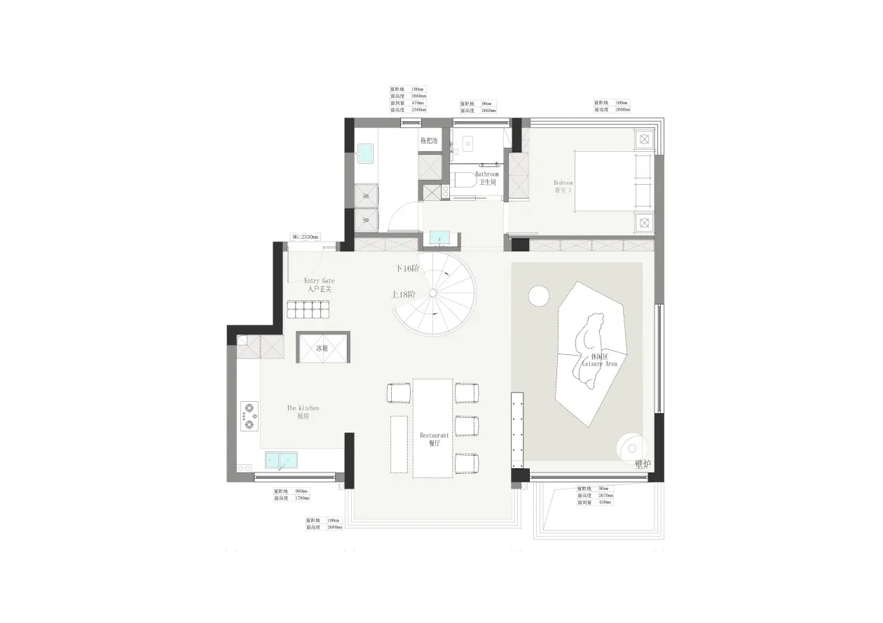 Modern apartment layout with minimalist design, featuring a kitchen, living area, and bedroom with a central staircase and le