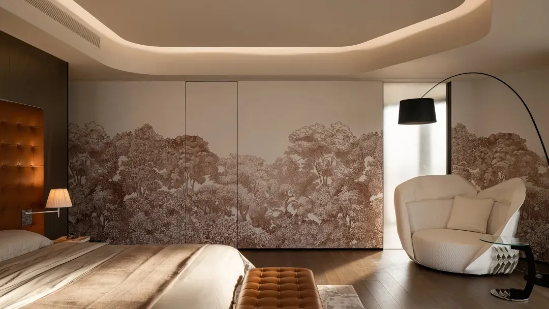 A modern bedroom with a scallop ceiling and tree wallpaper design