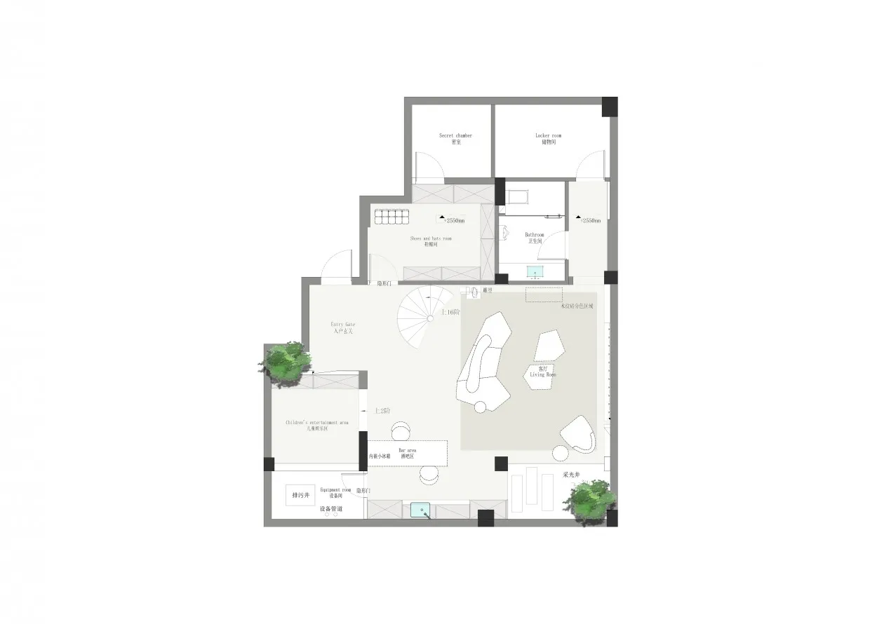 Modern living room floor plan with elegant furnishings and minimalist design.