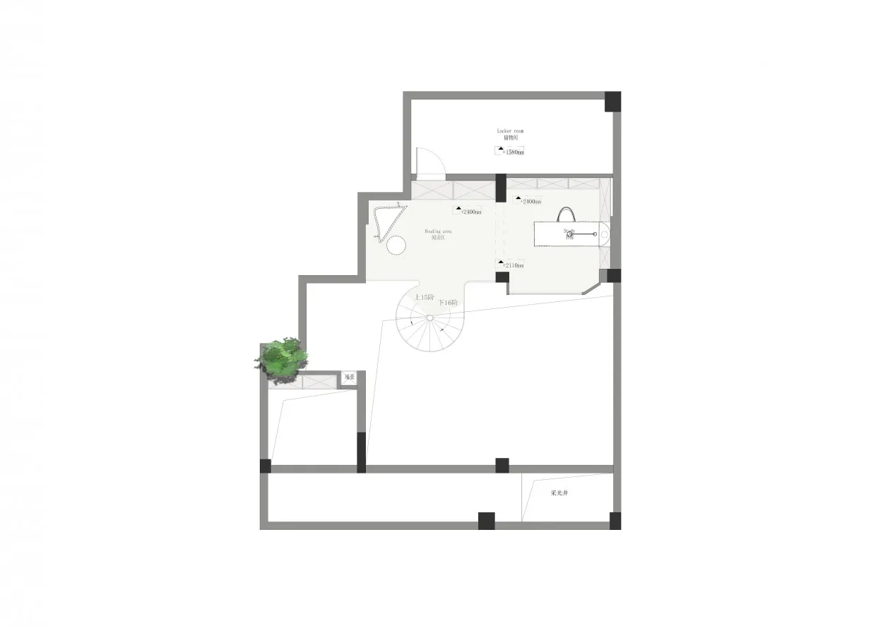 現代住宅平面圖的2D建築繪圖。