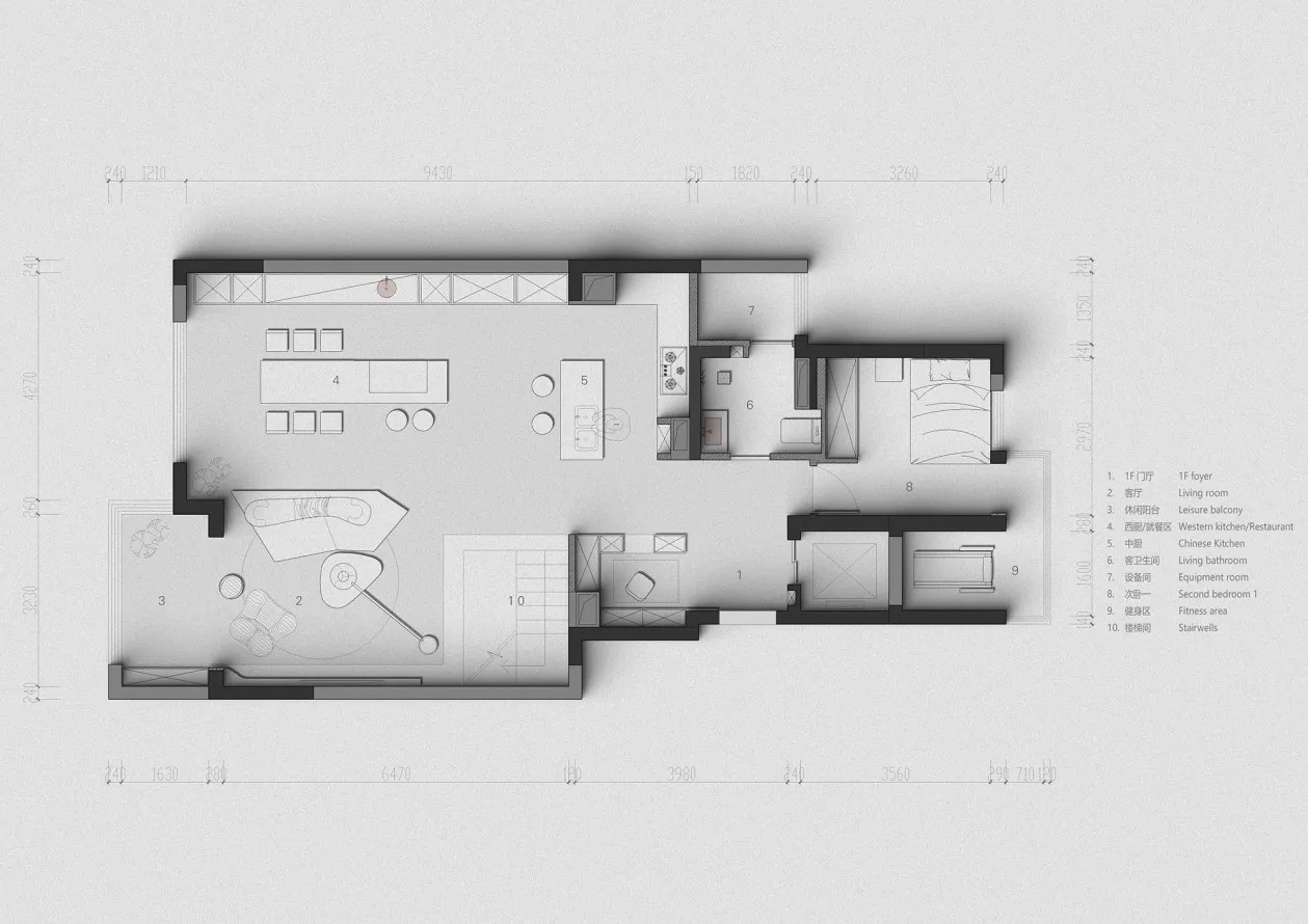 Floor plan of a modern apartment featuring white tiled flooring and black borders outlining rooms.