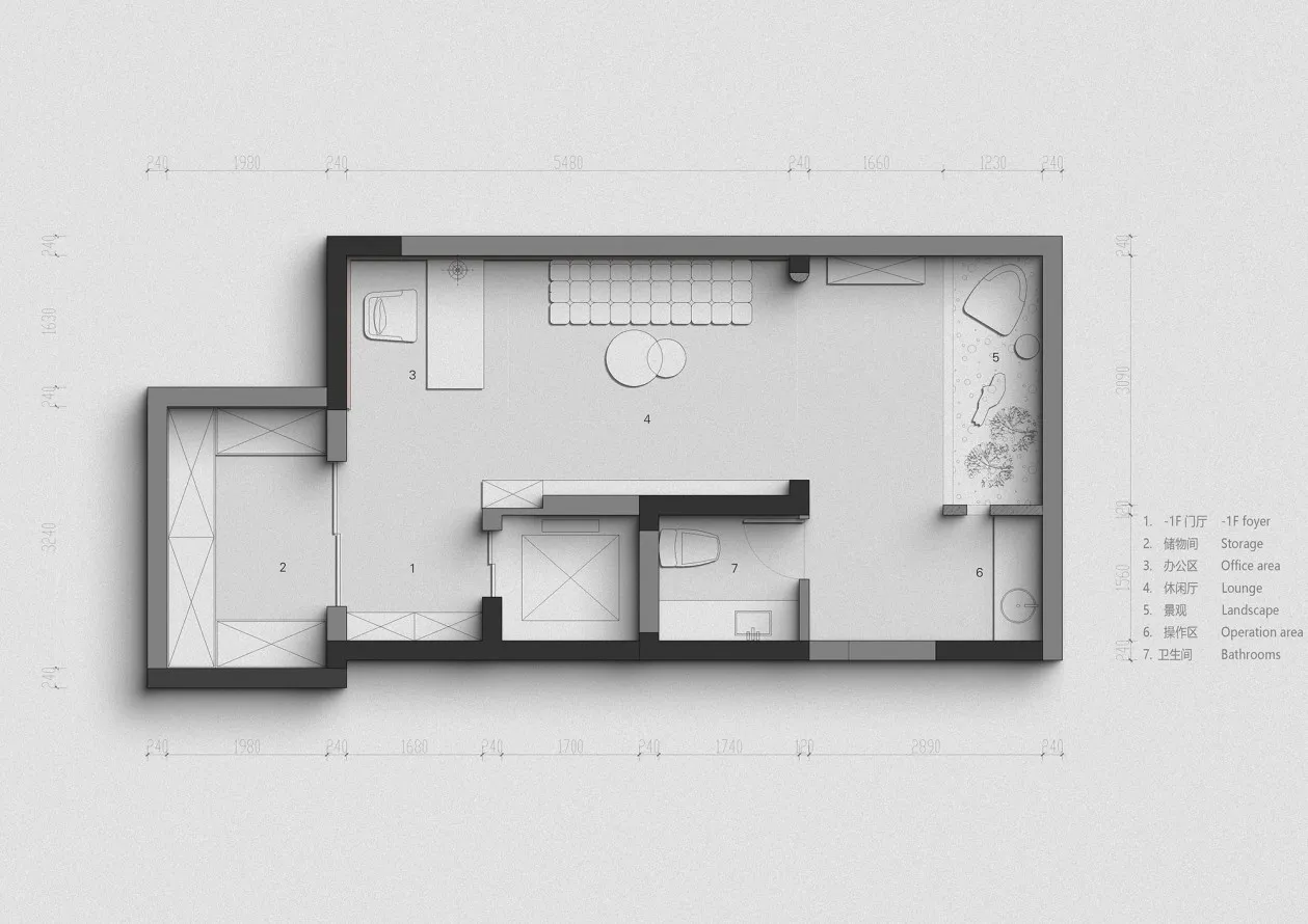 一張極簡黑白建築平面圖，展示現代住宅的空間配置。