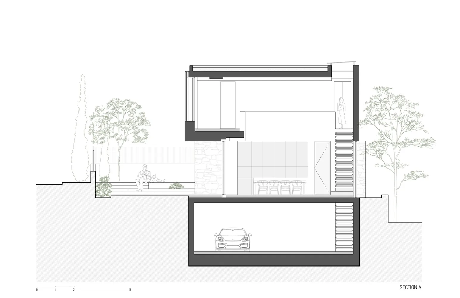 Cross-section of a modern residence with glass, concrete, and steel materials.