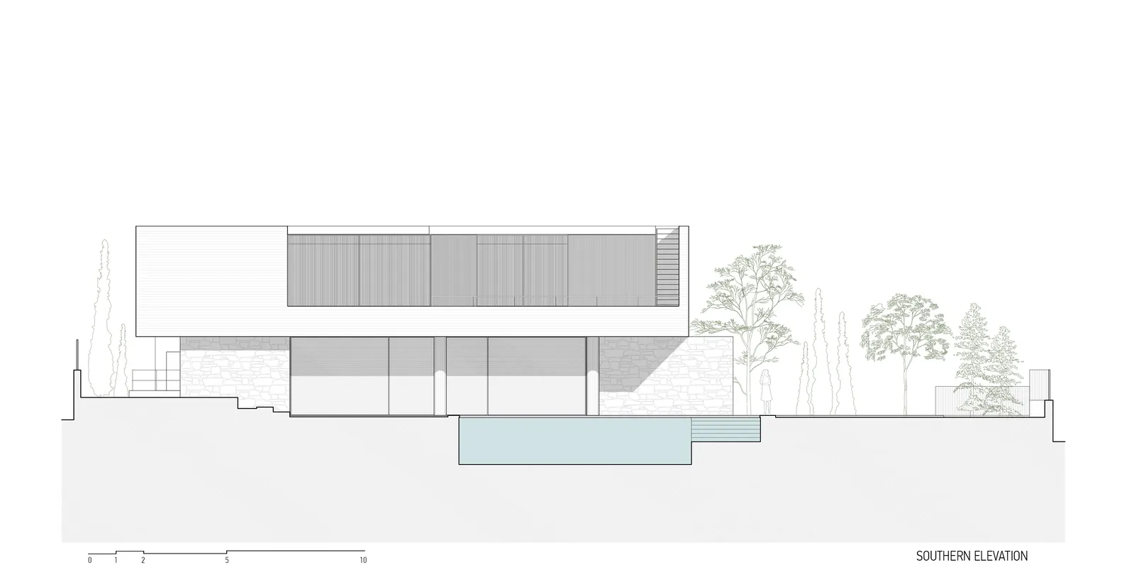 一張以混凝土與玻璃為材質的現代住宅建築圖。