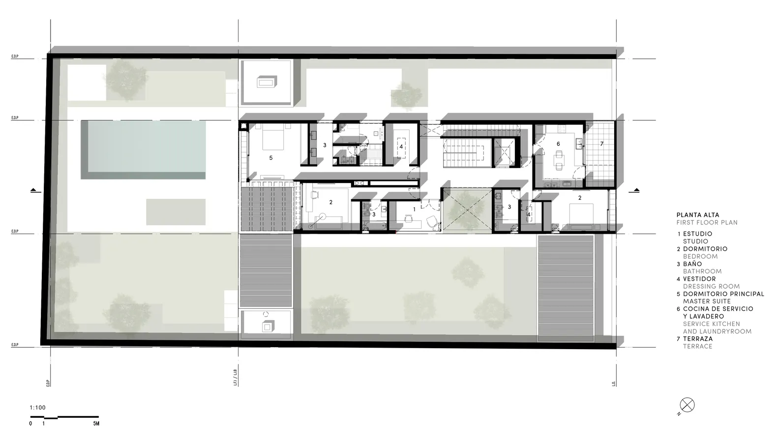Floor plan of a modern residential building with a study, bedroom, bathroom, dressing room, master suite, service kitchen, la