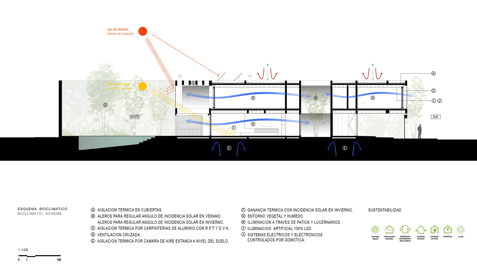 A cross-sectional diagram of a building showing the interior and exterior features.