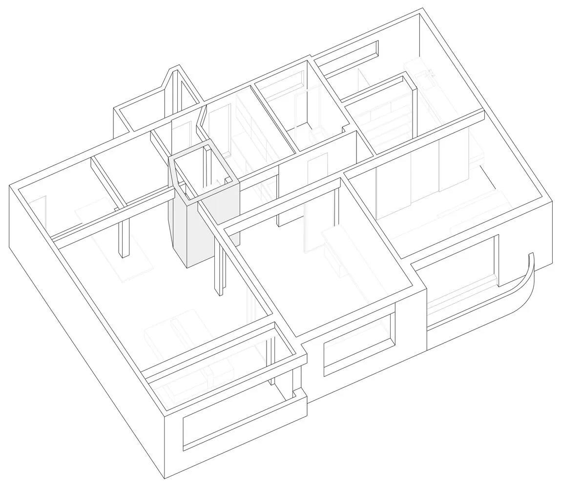 An isometric view of a minimalist residential floor plan showing open living spaces and efficient use of space.