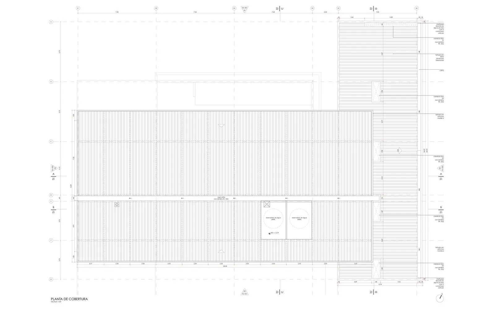 2D architectural plan of a roof featuring metal panels.