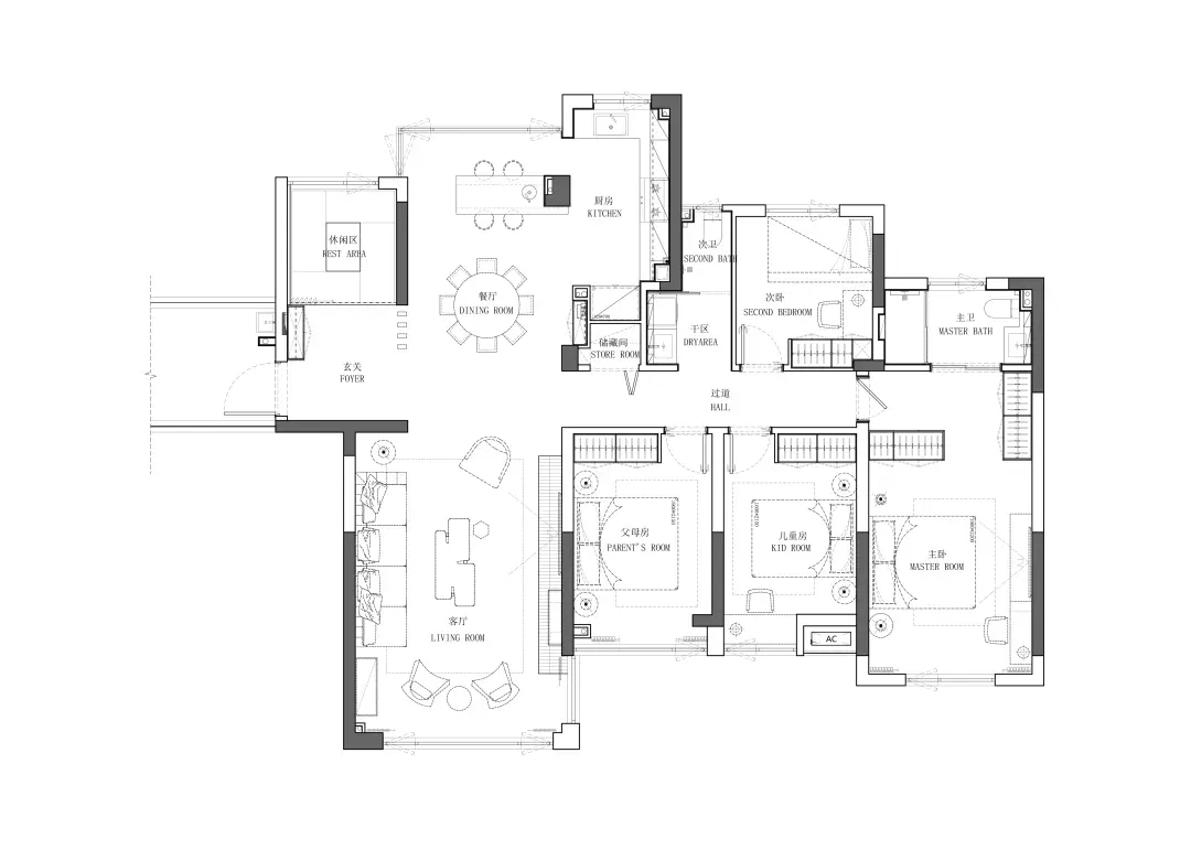 住宅室內的詳細建築平面配置,包含各房間、家具與空間安排。