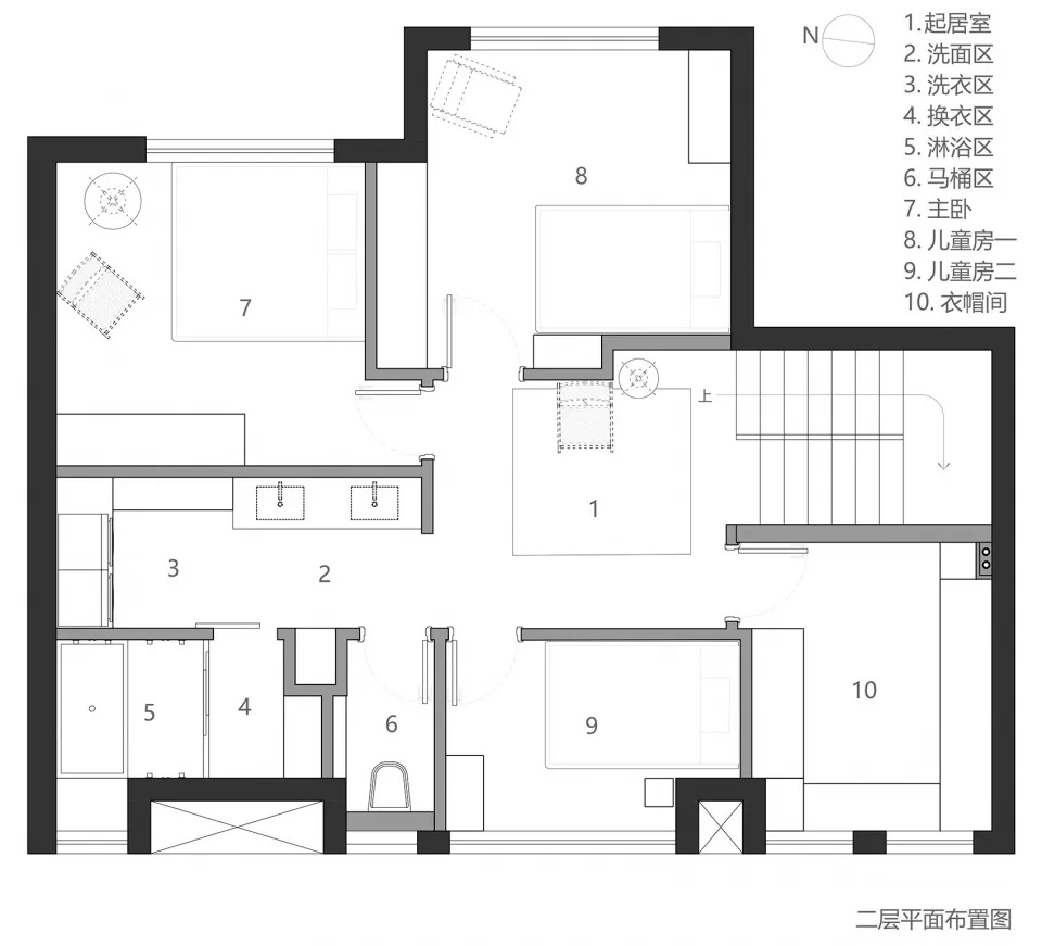 Floor plan of a modern family house, showing second floor layout with bedrooms, bathrooms, and living areas.