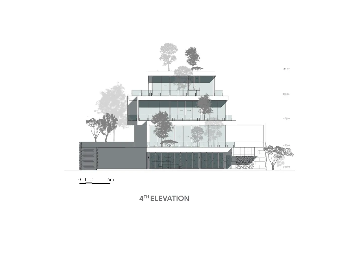 A modern building elevation featuring glass material and four floors.