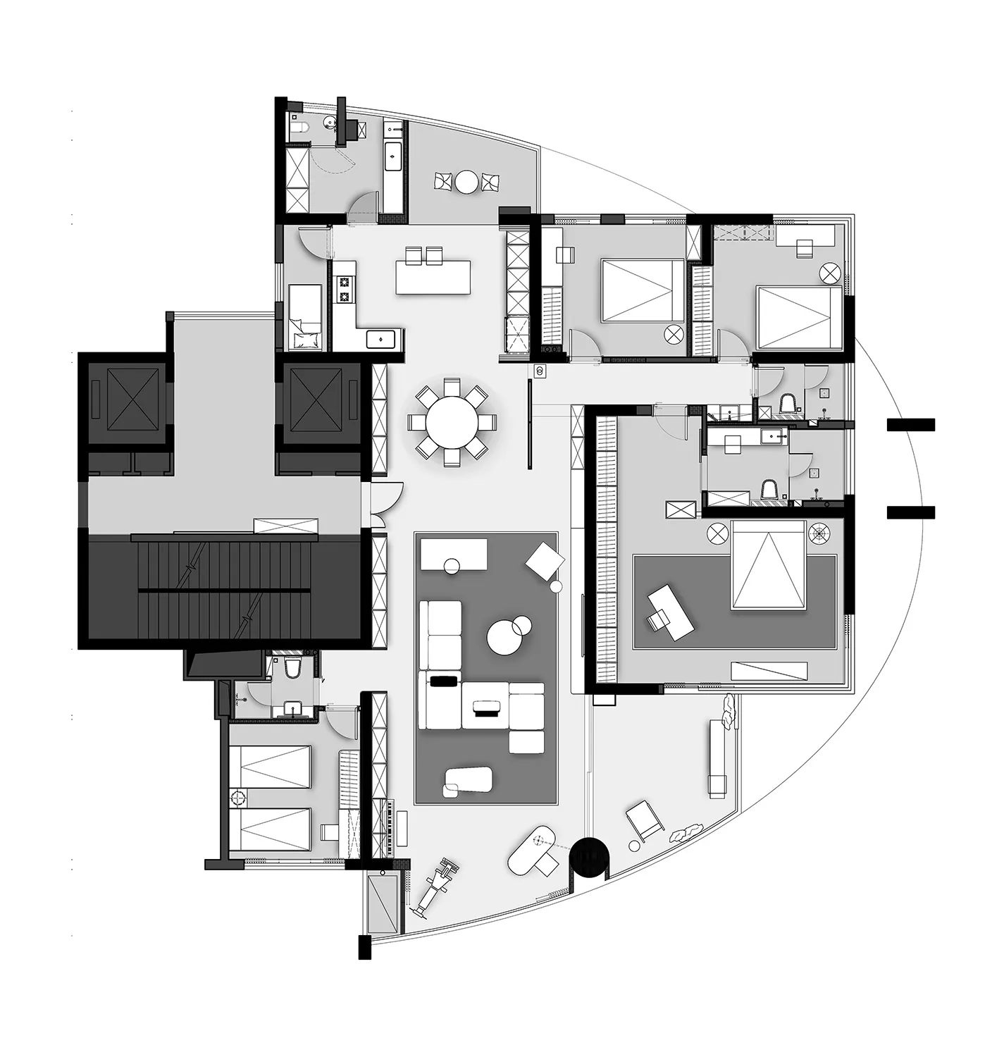 A modern floor plan created digitally, featuring contemporary furniture and layout.