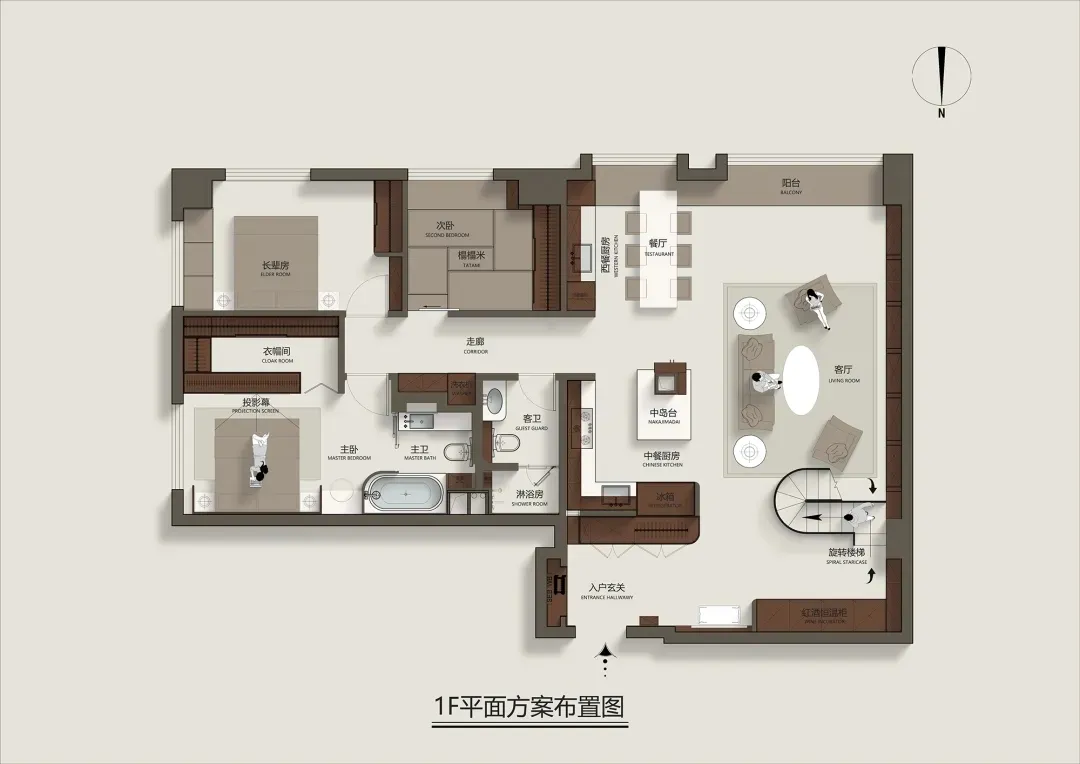 2D architectural drawing of a modern residential floor plan with two bedrooms, a kitchen, and a living room.