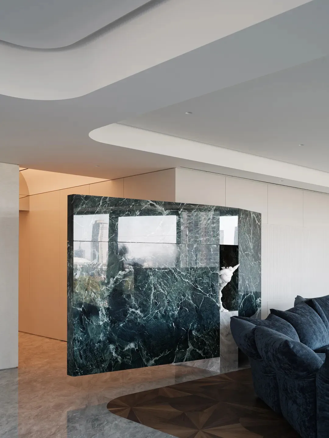 Modern marble interior of a living room and hallway
