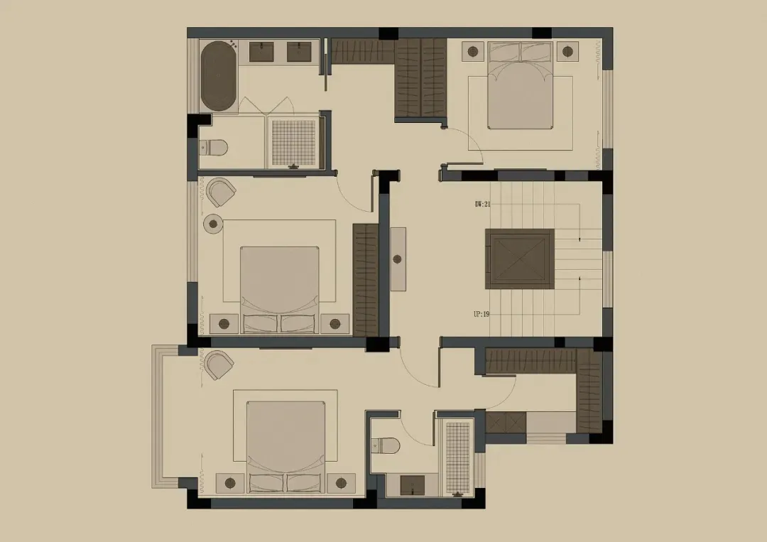 Floor plan of a modern residential layout with gray tones
