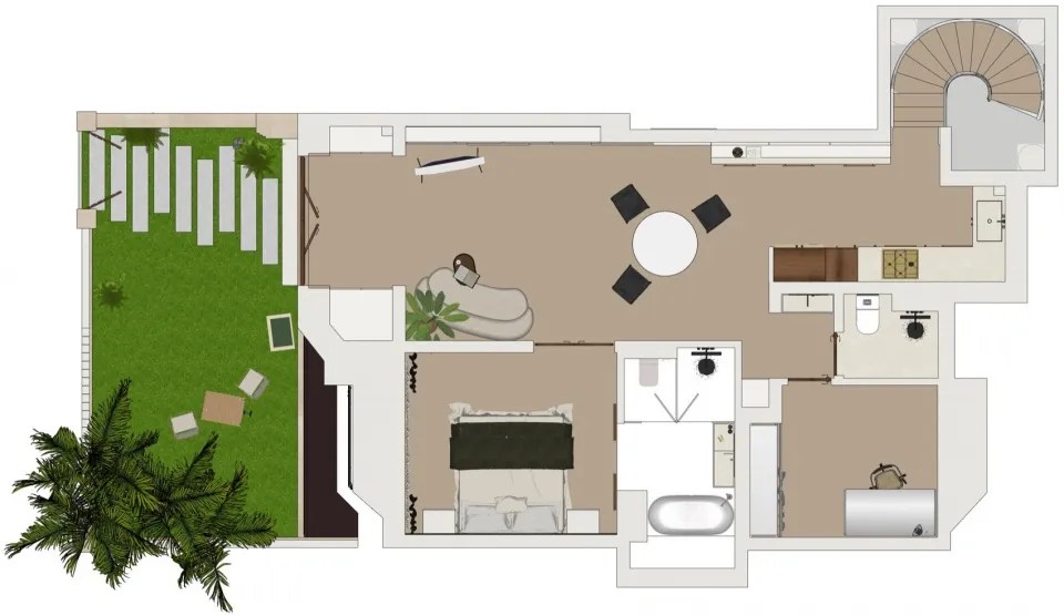 A 2D overhead drawing of a modern residential property's floor plan, featuring an exterior garden with steps and a palm tree,
