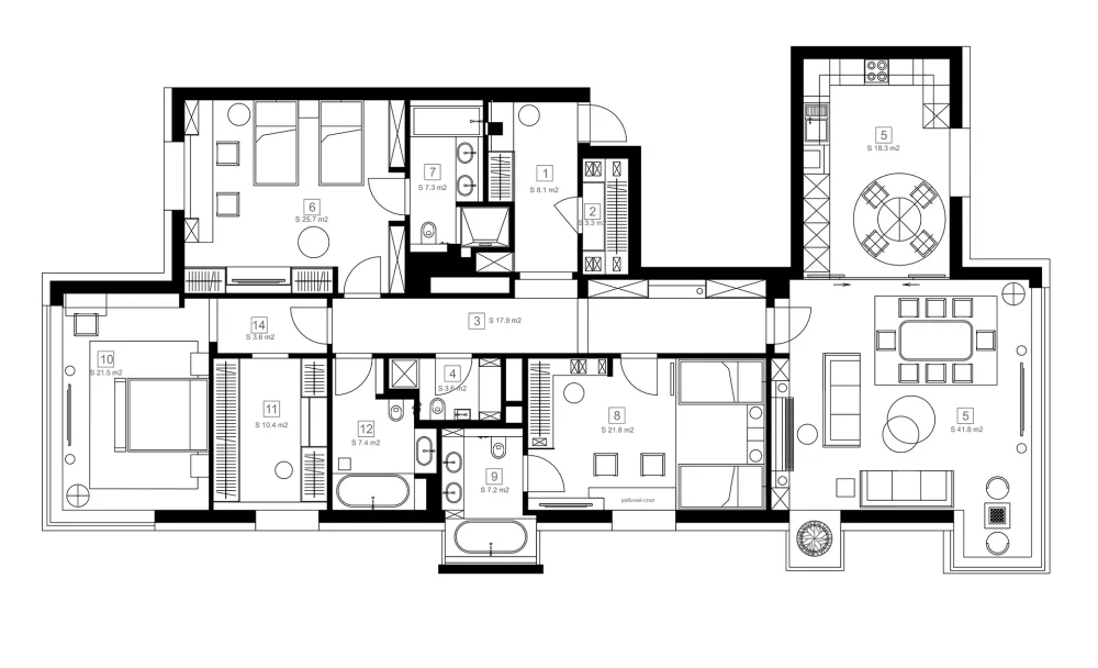 A detailed 2D architectural drawing of a modern residential floor plan showing the layout of rooms and spaces.