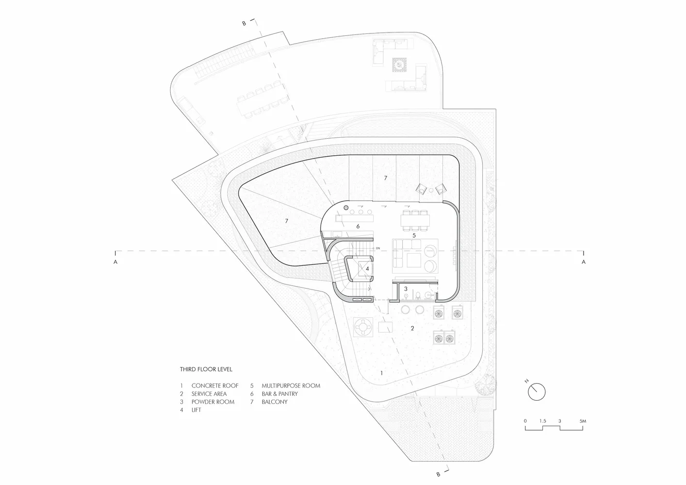 Floor plan of a third floor level with a multi-purpose room featuring concrete roof, service area and balcony.